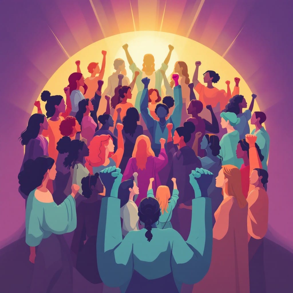 Women gathered together in a group raising their hands in agreement and support