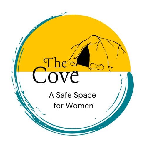 The Cove Logo.A circle, half yellow with a teal outline and a line drawing of a caveThe words - The Cove A safe place for women written inside